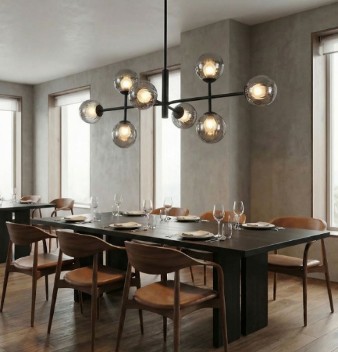 Immagine di Lampadario Nero Per Sala da Pranzo Sfere Vetro Fume Doris ACB