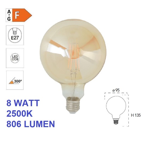 Immagine di Lampadina LED Globo G95 Vetro Ambra E27 8W 2500k 806 Lumen