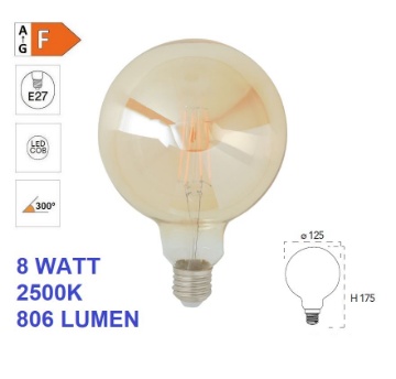 Immagine di Lampadina LED Globo G125 Vetro Ambra E27 8W 2500k 806 Lumen
