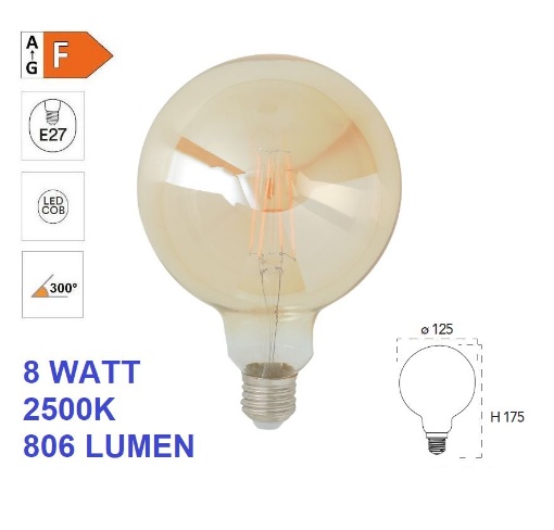 Immagine di Lampadina LED Globo G125 Vetro Ambra E27 8W 2500k 806 Lumen