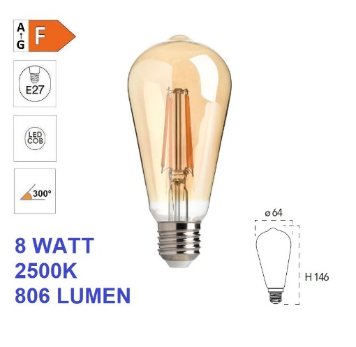 Immagine di Lampadina LED Ambrata E27 8W 2500k 806 Lumen