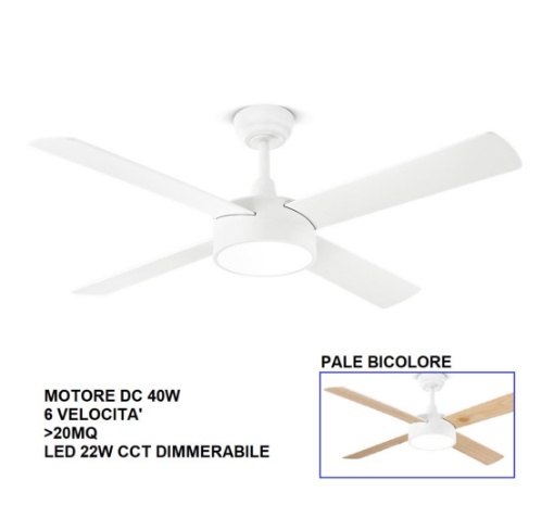 Immagine di Ventilatore con Luce da Soffitto 4 Pale Legno Bicolore 23mq Orione Perenz