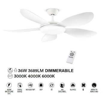 Immagine di Ventilatore a Pale Bianco 6 Velocità con Luce Led Telecomando 20mq Smarti Perenz