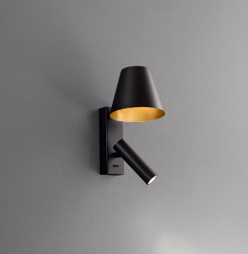 Immagine di Applique Cono Reverse Nero Oro Faretto Led 3000k Orientabile Per Comodini Perenz