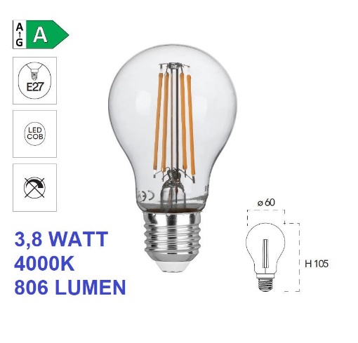 Immagine di Lampadina E27 Goccia Vetro Led 3,8w 4000k 806 Lumen