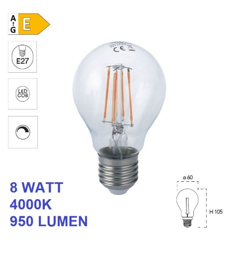 Immagine di Lampadina E27 Vetro Trasparente Led 8W 4000K Dimmerabile 950 Lumen