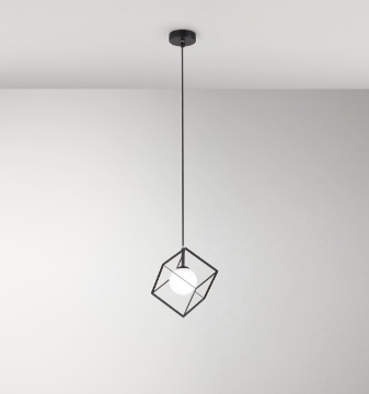 Immagine di Piccolo Lampadario Cubo Metallo Nero Con Sfera Vetro Cube Perenz