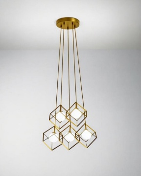 Immagine di Lampadario Oro 5 Pendenti Cube Perenz Con Sfere Bianche Per Salotto Moderno