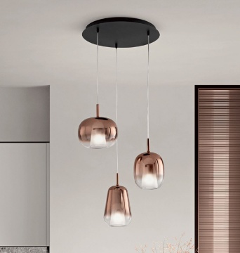 Immagine di Lampadario Rotondo Thelma Tre Pendenti Vetro Rame Ondaluce