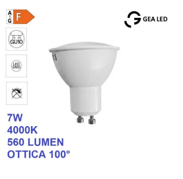 Immagine di Lampadina GU10 Led 7w 4000k 560 Lumen Ottica 100 Gea GLA244N