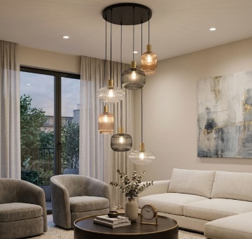 Immagine di Lampadario Egadi Cascata Bocce Vetro Rigato Ambra Fume Per Salone Fan Europe