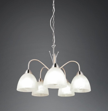 Immagine di Lampadario Sala da Pranzo Nichel Dobby 5 Paralumi Vetro Bianco Trio