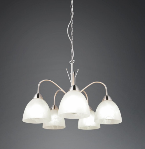 Immagine di Lampadario Sala da Pranzo Nichel Dobby 5 Paralumi Vetro Bianco Trio
