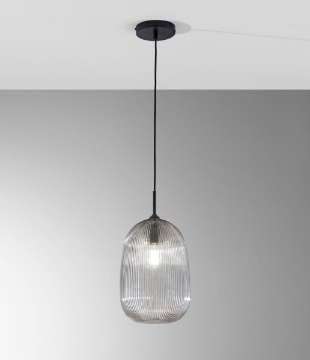 Immagine di Lampada a Sospensione Boccia Vetro Rigato Grigio Fume Duke Fan Europe