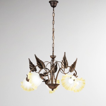 Immagine di Lampadario Foglie Marrone 5 Luci Vetri Bianco Ambra Tristano Fan Europe