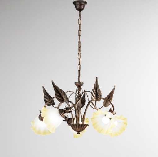 Immagine di Lampadario Foglie Marrone 5 Luci Vetri Bianco Ambra Tristano Fan Europe