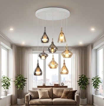 Immagine di Lampadario Vetri Multicolor A Cascata Per Soggiorno Aldea Trio