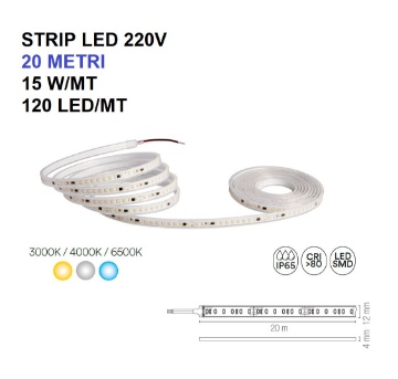 Immagine di Strip Led 220V Da Esterno 20 Metri 15w/m 120Led/m IP65 Intec Light