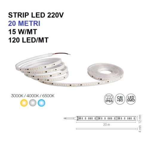 Immagine di Strip Led 220V Da Esterno 20 Metri 15w/m 120Led/m IP65 Intec Light