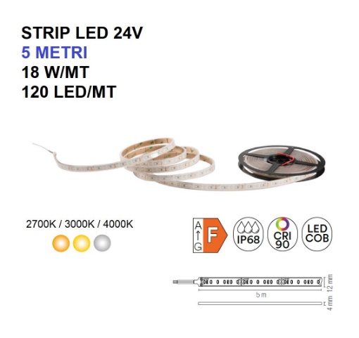Immagine di Strip Led 24V 5 Metri Per Esterno 18w/m 120Led/m IP68 Intec Light
