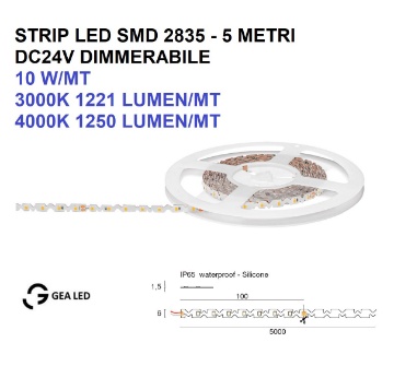 Immagine di Strip Led 24V 6mm Per Esterno IP65 Bobina 5mt 10w/mt Dimmerabile Gea