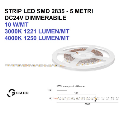 Immagine di Strip Led 24V 6mm Per Esterno IP65 Bobina 5mt 10w/mt Dimmerabile Gea