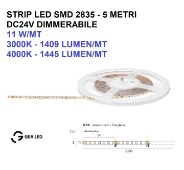 Immagine di Strip Led 24V 5mm da Esterno IP66 Bobina 5mt 11w/mt Dimmerabile Gea