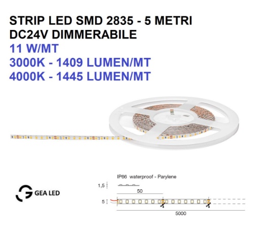 Immagine di Strip Led 24V 5mm da Esterno IP66 Bobina 5mt 11w/mt Dimmerabile Gea