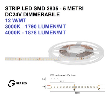Immagine di Strip Led 24V 10mm IP66 5 Metri 12w/mt Dimmerabile Gea per Esterni