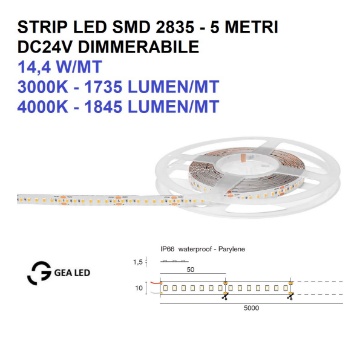 Immagine di Strip Led 24V 10mm 5 Metri 14,4w/mt Dimmerabile per Esterno IP66 Gea