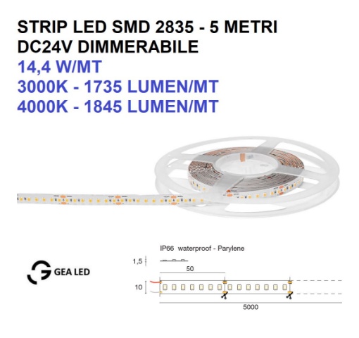 Immagine di Strip Led 24V 10mm 5 Metri 14,4w/mt Dimmerabile per Esterno IP66 Gea
