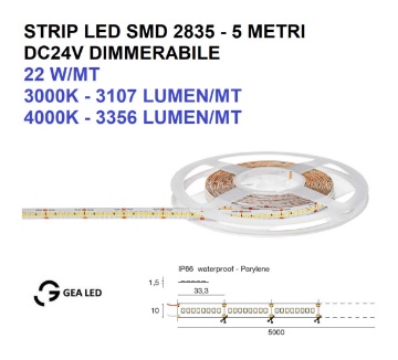 Immagine di Strip Led 24V 10mm 5 Metri 22w/mt Dimmerabile da Esterno IP66 Gea